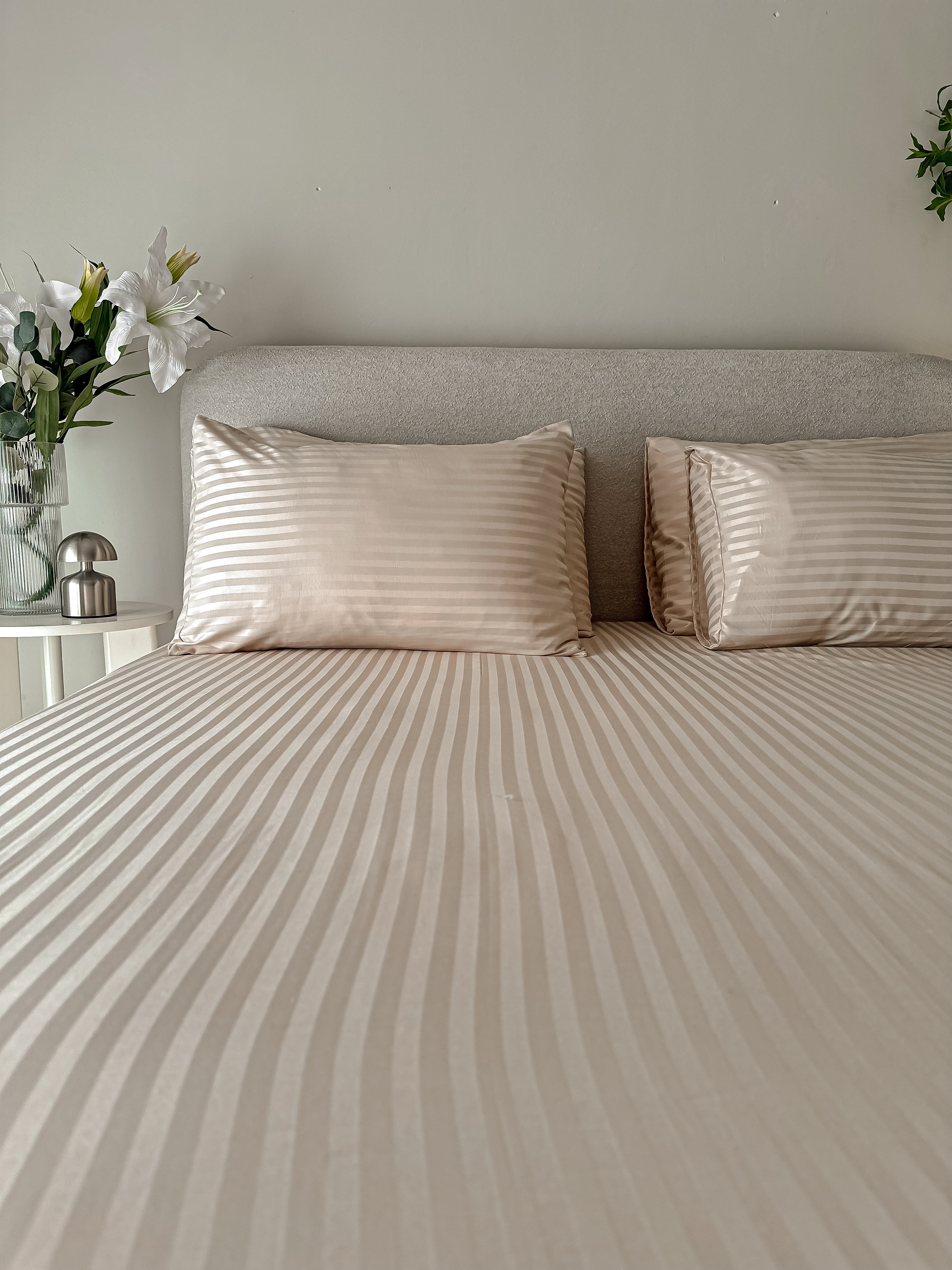 Sateen Stripe Fitted Sheet Set - beige