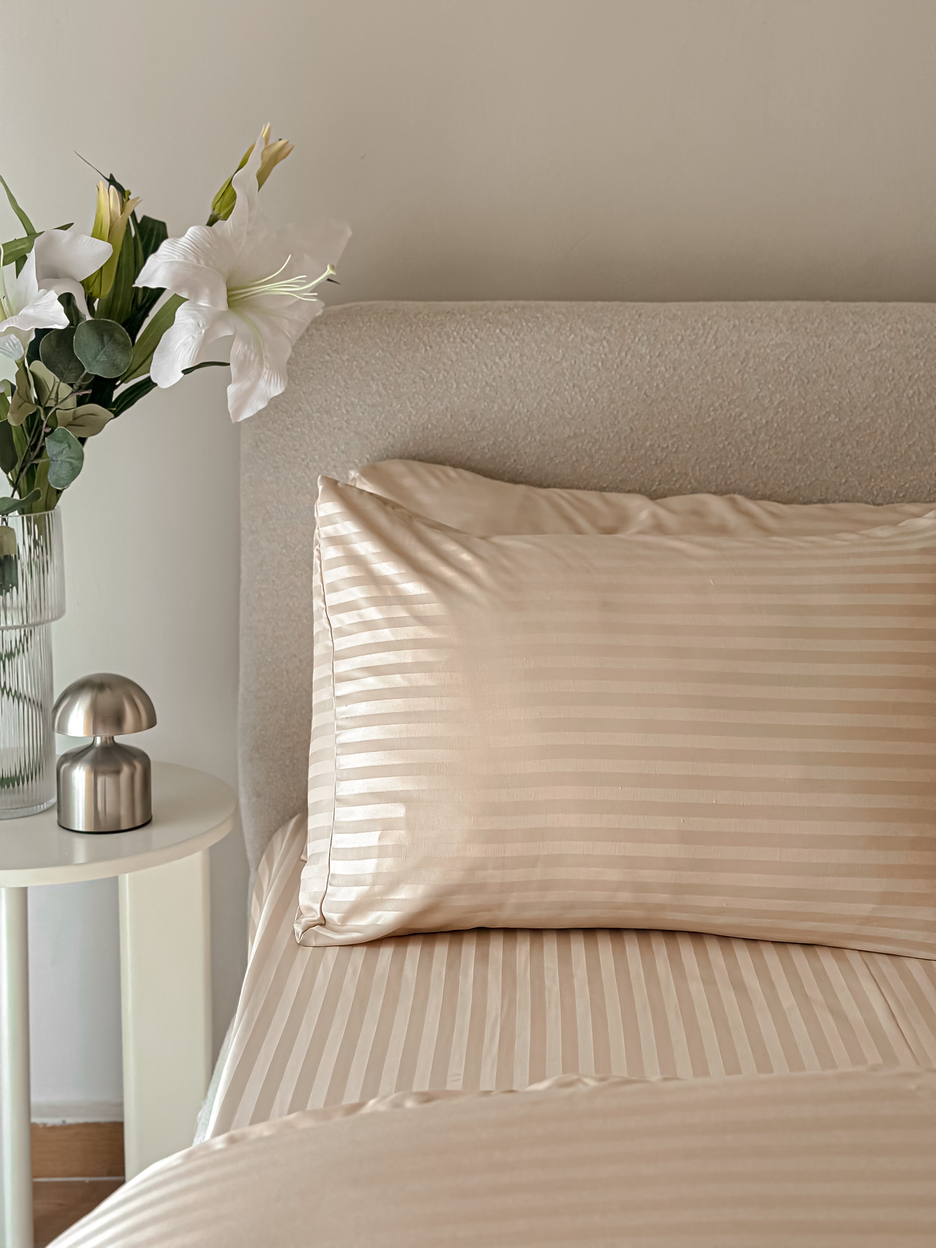 Sateen Stripe Fitted Sheet Set - beige