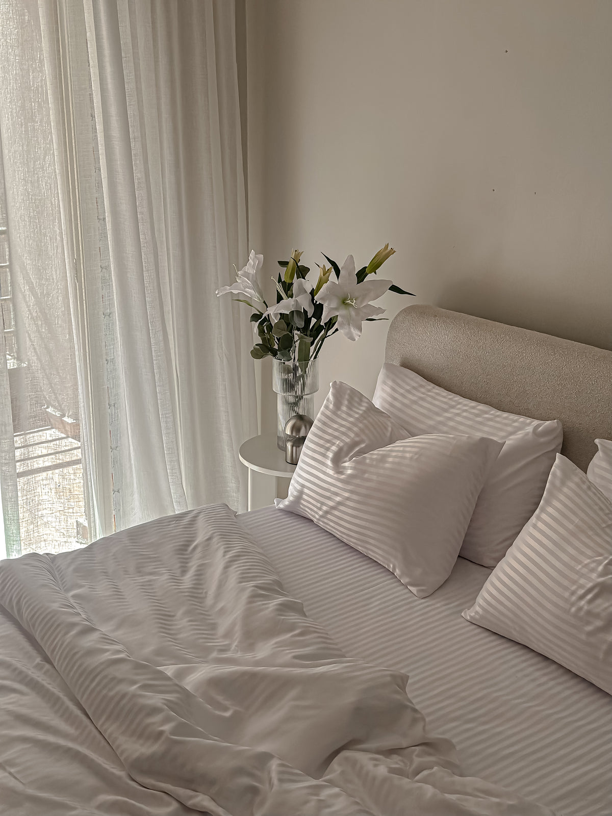 Sateen Stripe Duvet Cover Set - white