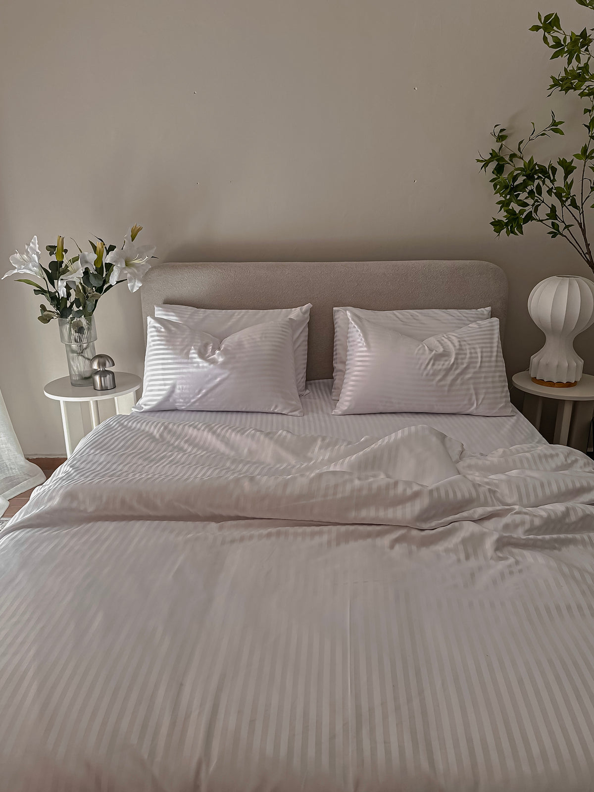 Sateen Stripe Duvet Cover Set - white