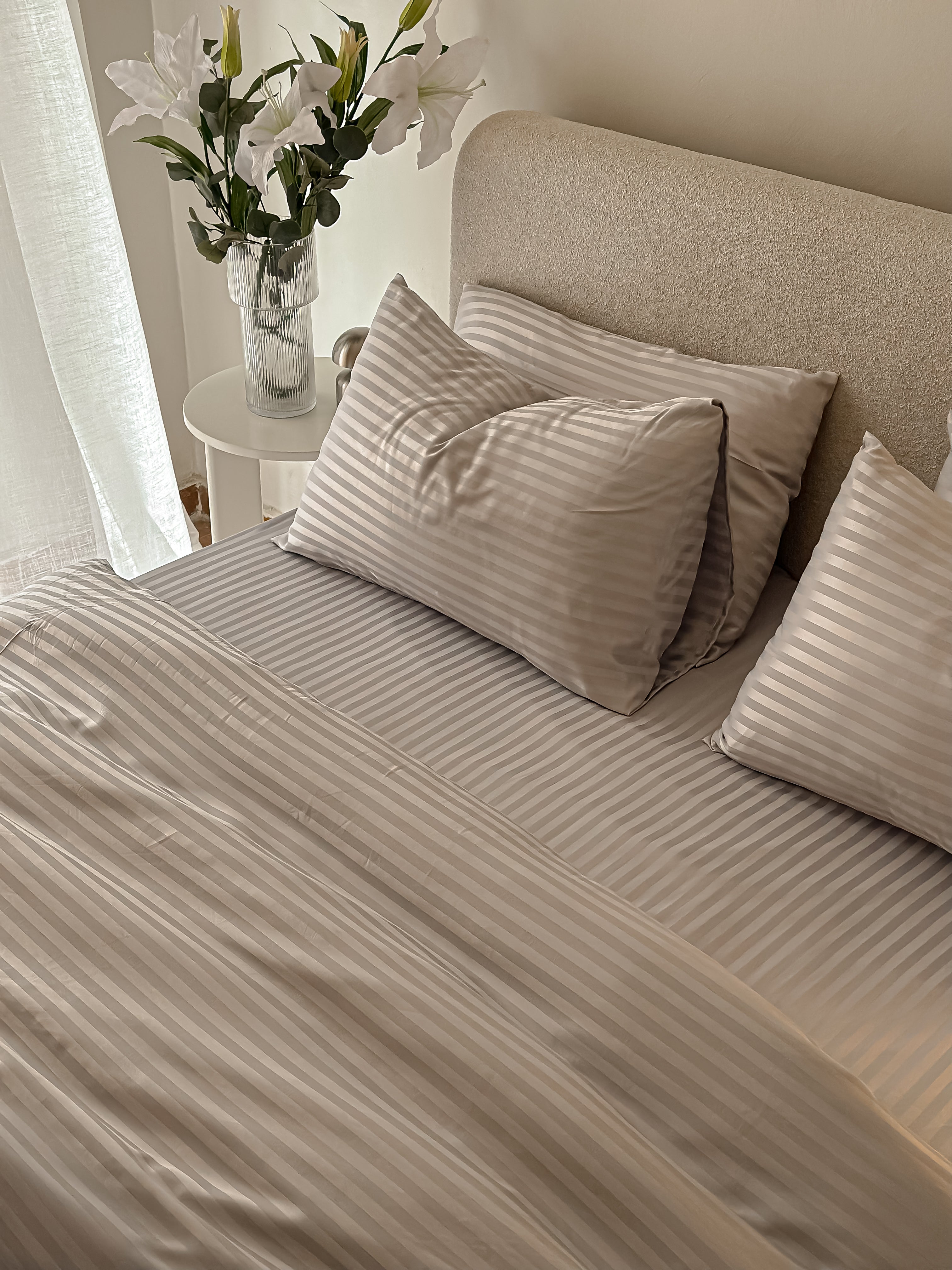 Sateen Stripe Fitted Sheet Set - sliver